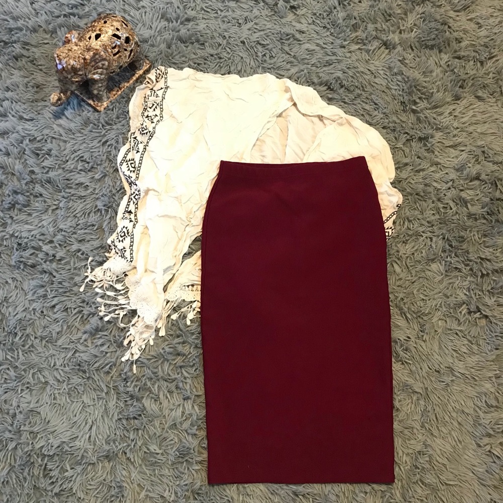 Maroon long pencil skirt.